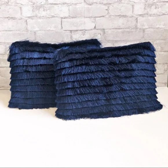 Navy Blue Velvet Pillow Cover: Boho Cotton Fringe Cushion